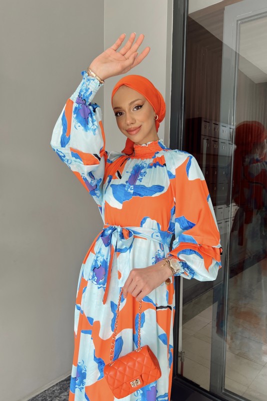 Oranj Desenli Saten Elbise