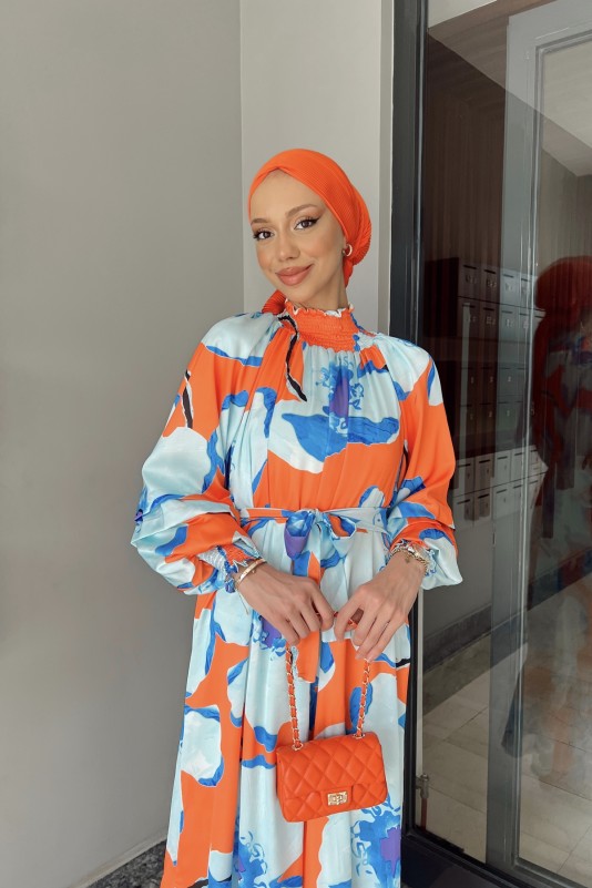 Oranj Desenli Saten Elbise