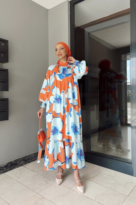 Oranj Desenli Saten Elbise