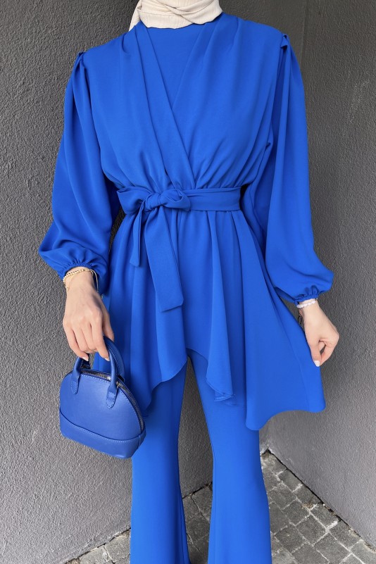 Saks Beli Sıkmalı Pantolonlu Takım