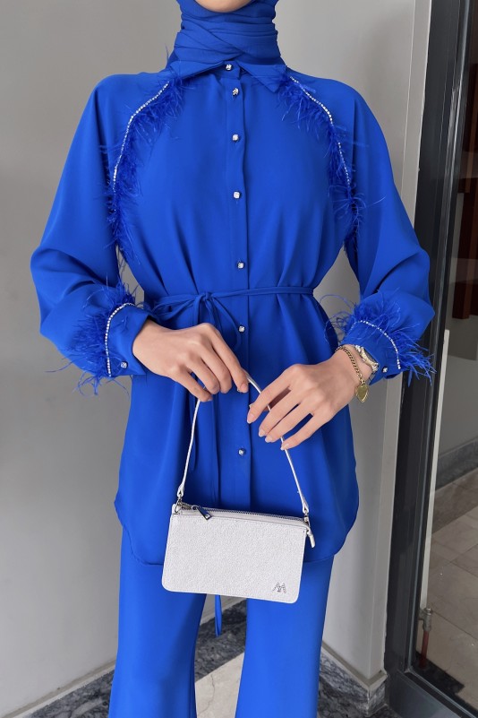 Saks Gisha Taş ve Tüy Detaylı Krep Takım