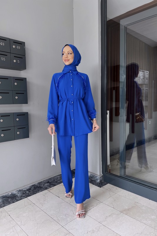 Saks Gisha Taş ve Tüy Detaylı Krep Takım
