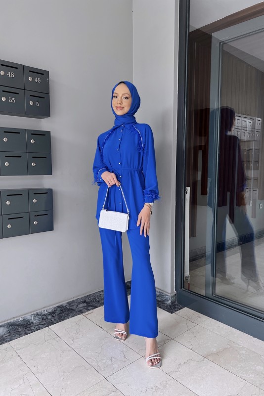 Saks Gisha Taş ve Tüy Detaylı Krep Takım