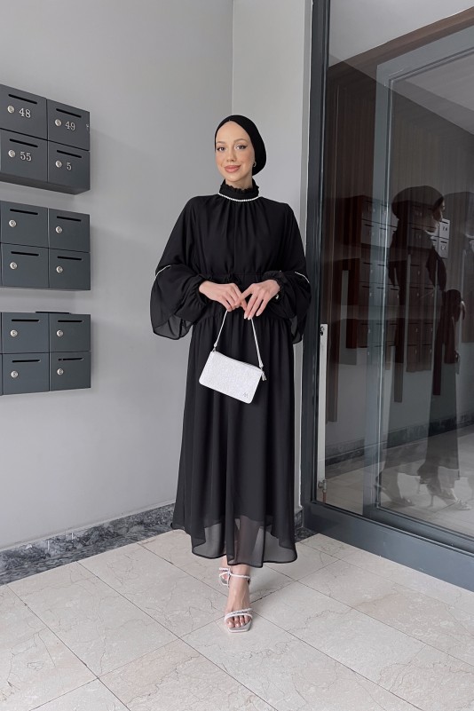 Siyah Helen Taş Detaylı Şifon Elbise