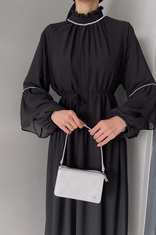 Siyah Helen Taş Detaylı Şifon Elbise