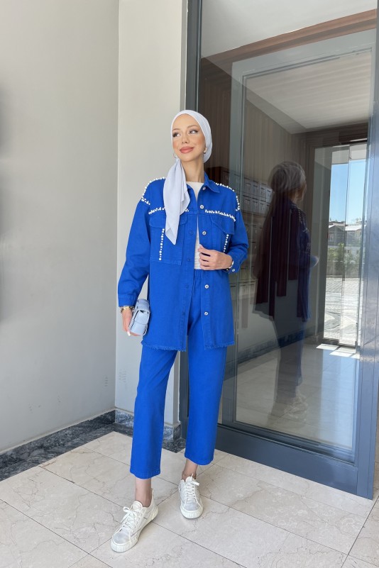 Saks İnci Taşlı Denim Takım
