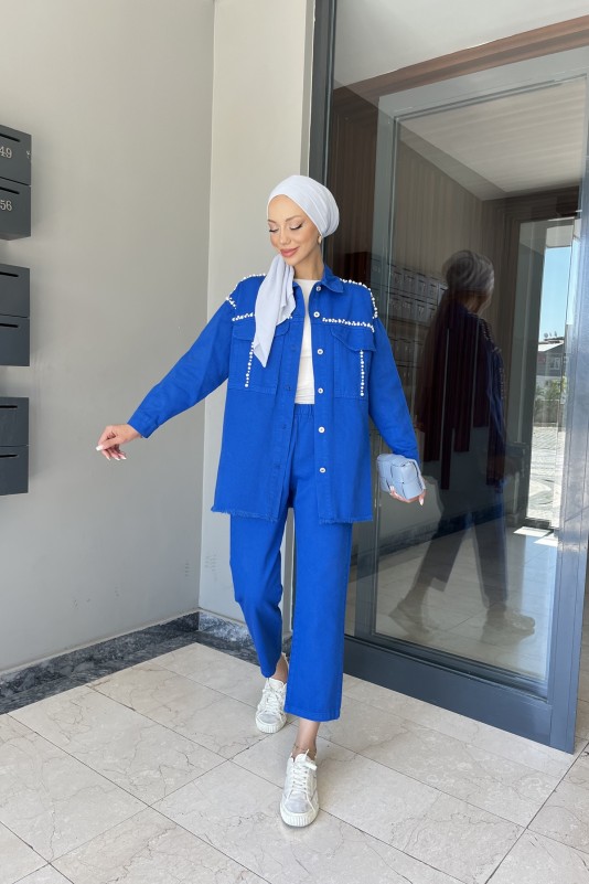 Saks İnci Taşlı Denim Takım