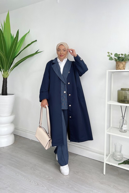 Lacivert Gabardin Düğmeli Trençkot