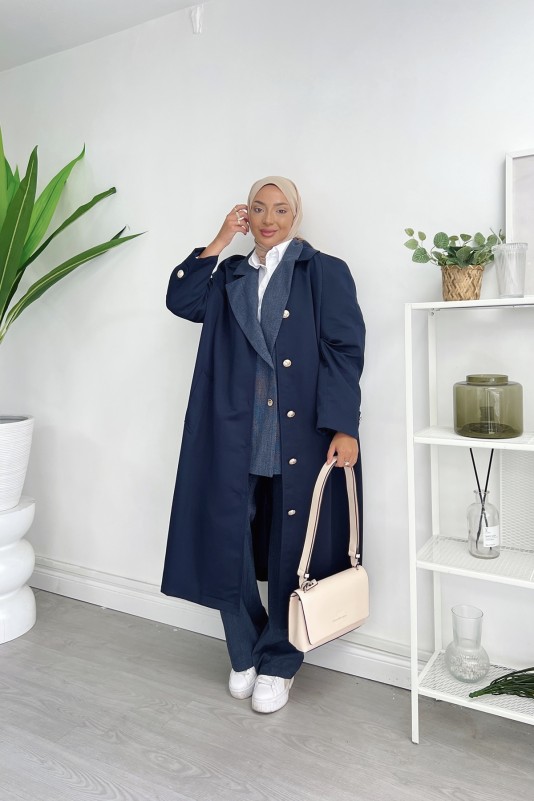 Lacivert Gabardin Düğmeli Trençkot