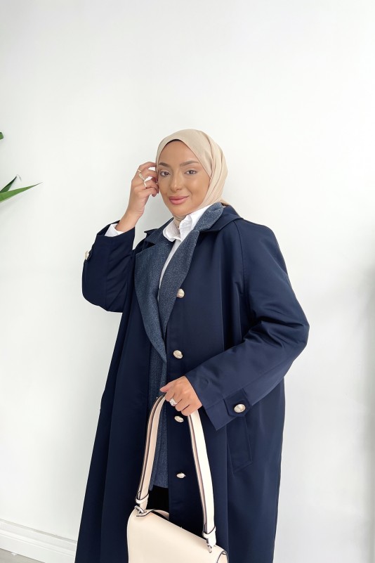 Lacivert Gabardin Düğmeli Trençkot