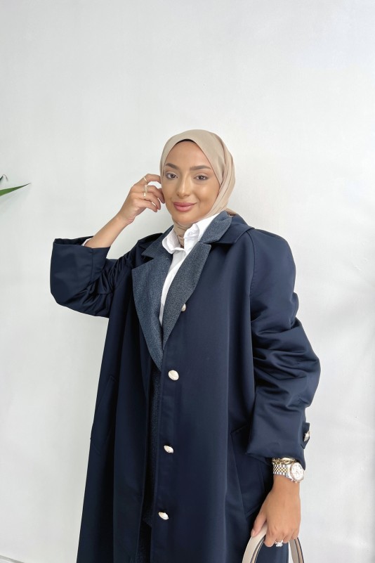 Lacivert Gabardin Düğmeli Trençkot