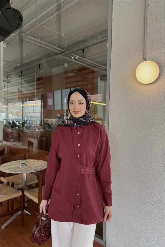 Bordo Tina Yandan Bağlamalı Dacron Gömlek