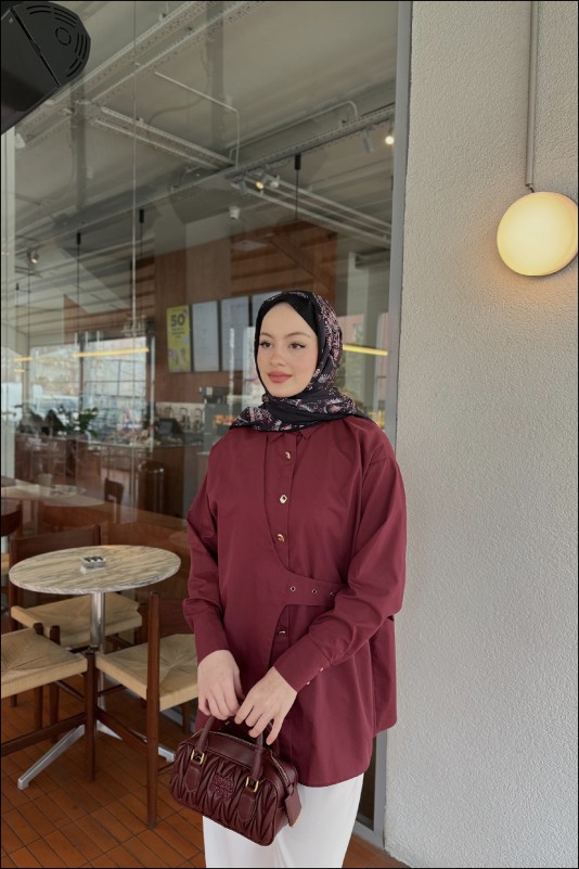 Bordo Tina Yandan Bağlamalı Dacron Gömlek