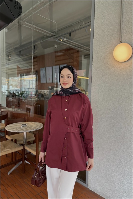 Bordo Tina Yandan Bağlamalı Dacron Gömlek