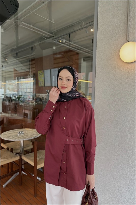 Bordo Tina Yandan Bağlamalı Dacron Gömlek