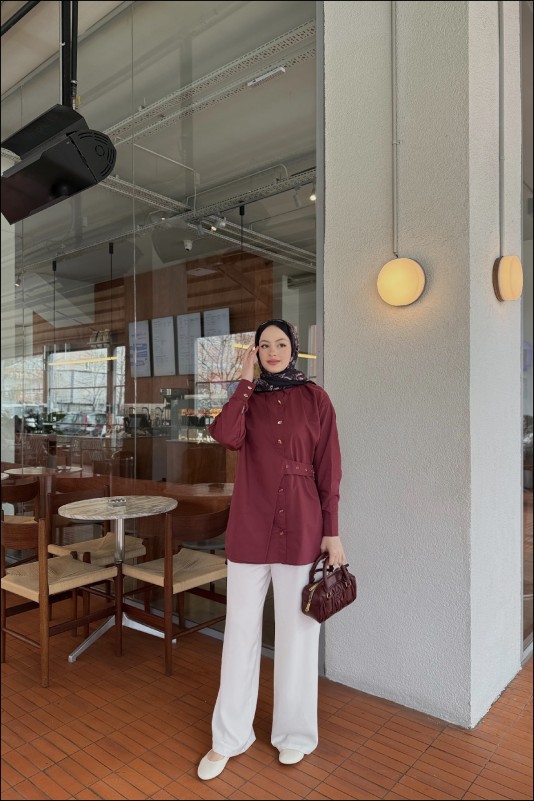 Bordo Tina Yandan Bağlamalı Dacron Gömlek