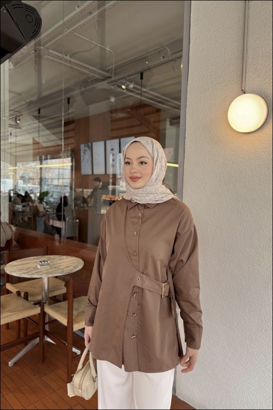 Kahve Tina Yandan Bağlamalı Dacron Gömlek