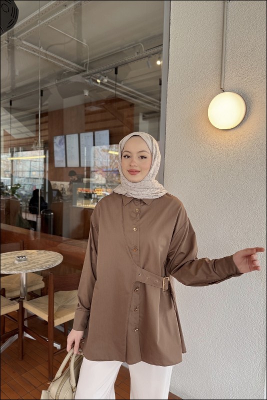 Kahve Tina Yandan Bağlamalı Dacron Gömlek