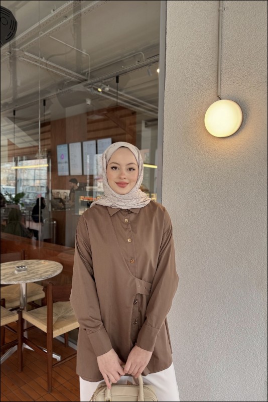 Kahve Tina Yandan Bağlamalı Dacron Gömlek