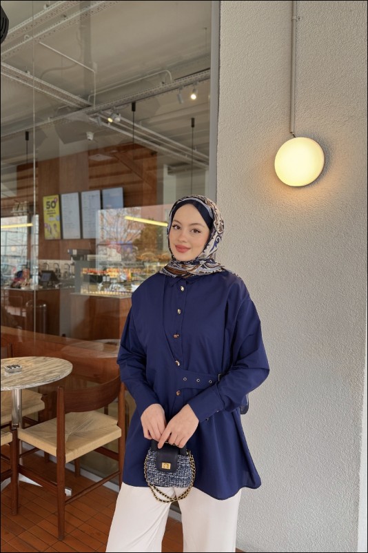 Lacivert Tina Yandan Bağlamalı Dacron Gömlek