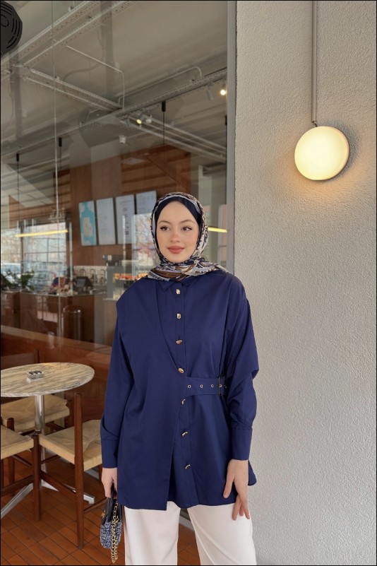 Lacivert Tina Yandan Bağlamalı Dacron Gömlek