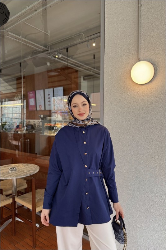Lacivert Tina Yandan Bağlamalı Dacron Gömlek