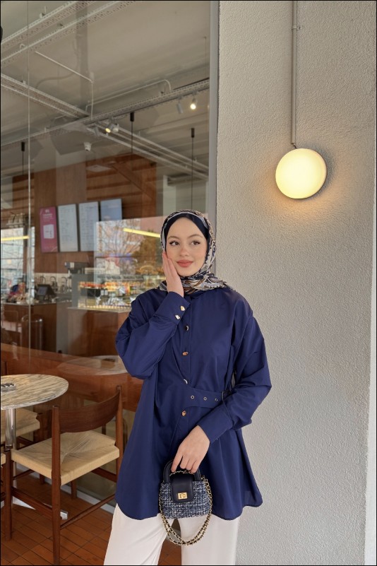 Lacivert Tina Yandan Bağlamalı Dacron Gömlek