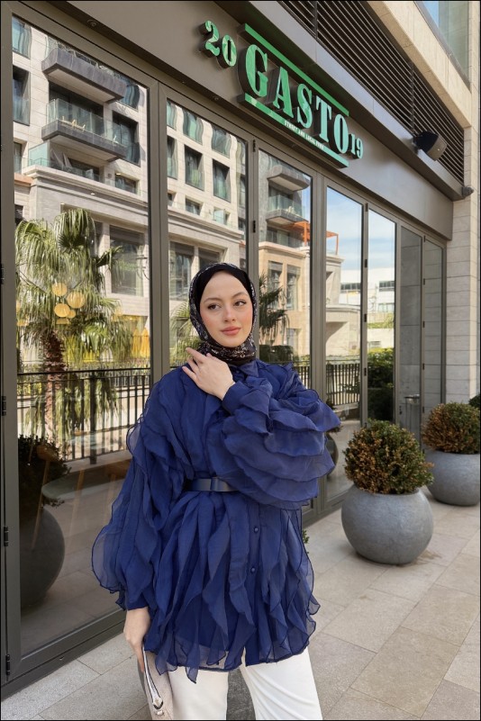 Lacivert Elena Kolu Fırfırlı Gömlek