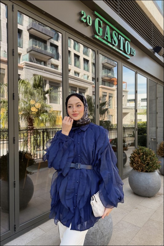 Lacivert Elena Kolu Fırfırlı Gömlek