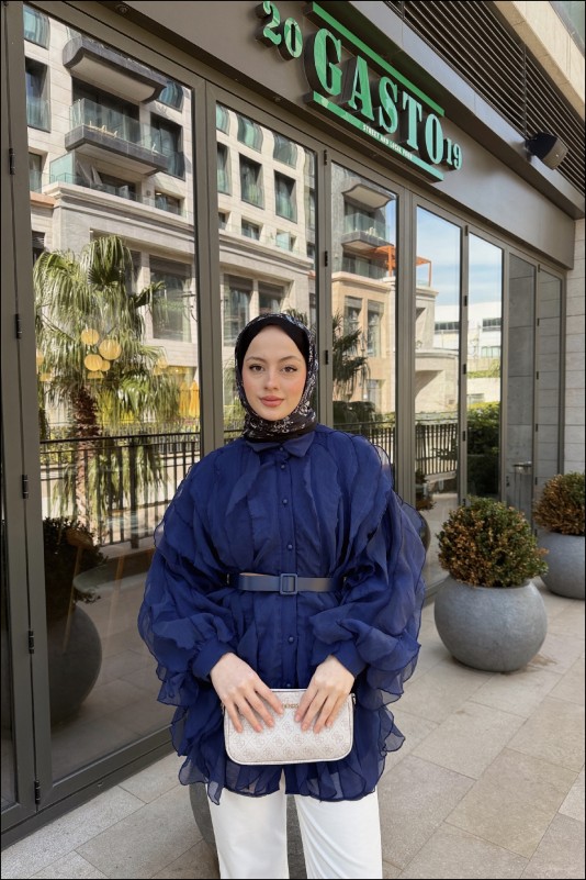 Lacivert Elena Kolu Fırfırlı Gömlek