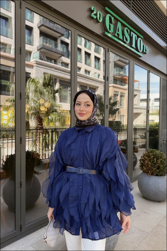 Lacivert Elena Kolu Fırfırlı Gömlek