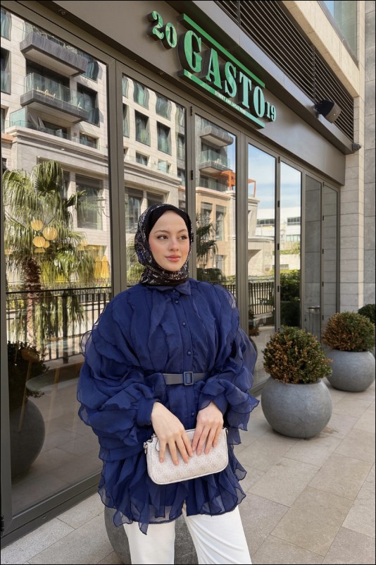 Lacivert Elena Kolu Fırfırlı Gömlek