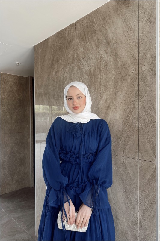 Lacivert Larya Şifon Elbise