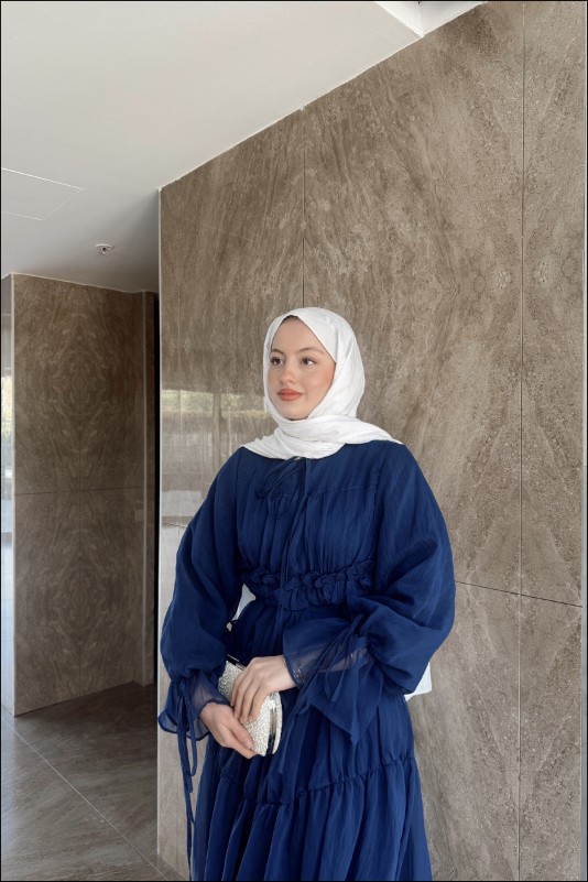 Lacivert Larya Şifon Elbise