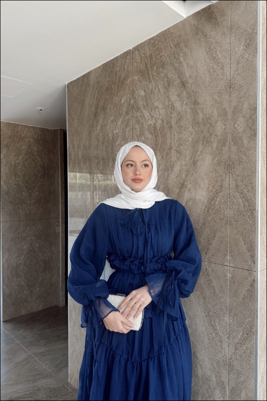 Lacivert Larya Şifon Elbise
