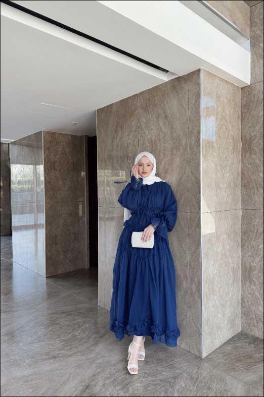 Lacivert Larya Şifon Elbise