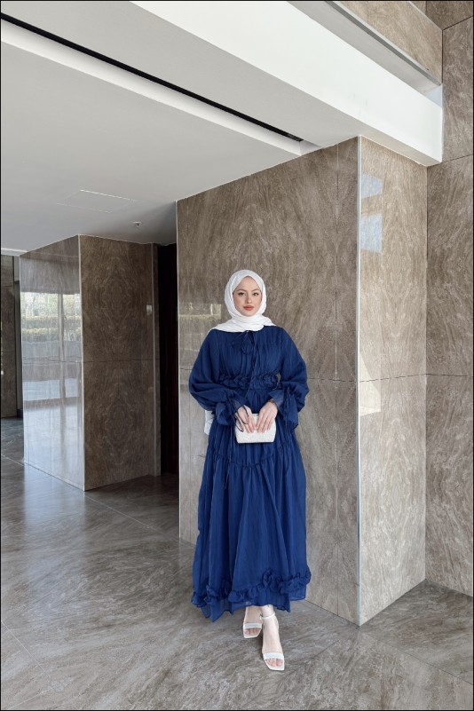 Lacivert Larya Şifon Elbise