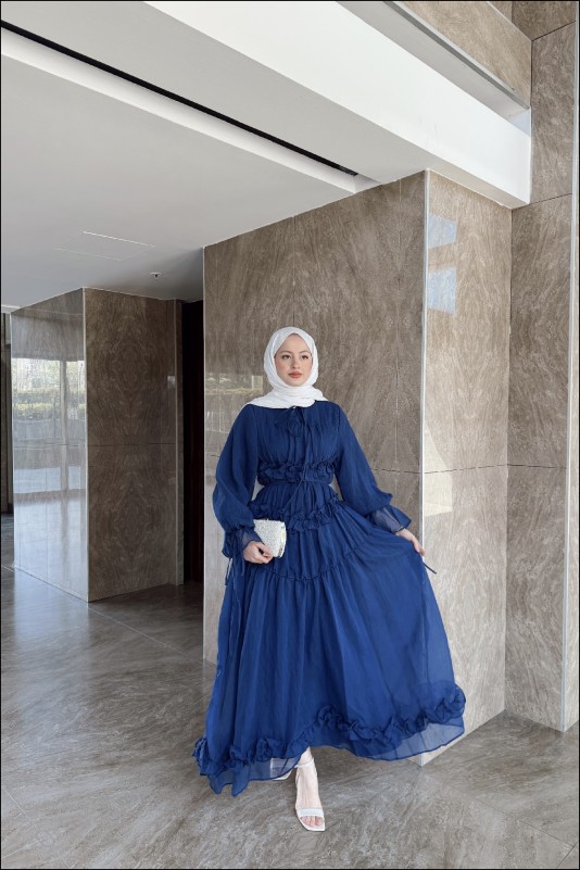 Lacivert Larya Şifon Elbise