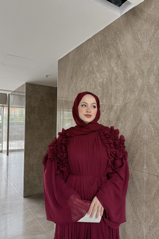 Bordo Biance Omuz Fırfırlı Şifon Elbise