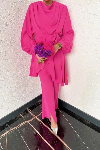Pembe Degaje Yaka Asimetrik Pantolonlu Takım
