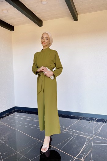Yağ Yeşili Beli Lastikli Vatkalı Tulum
