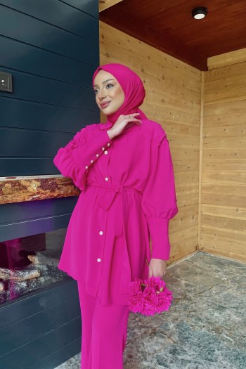 Fuşya Mati Omzu Büzgülü Krep Takım