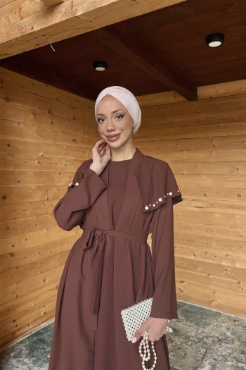 Kahve İnci Detaylı Abayalı Takım