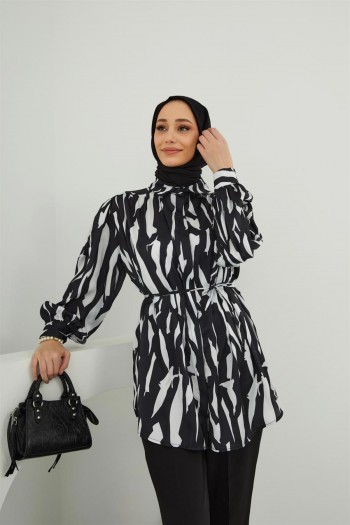 Siyah Sara Saten Desenli Gömlek