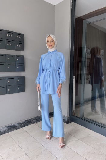 Bebe Mavisi Gisha Taş ve Tüy Detaylı Krep Takım