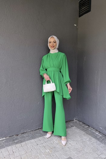Benetton Yeşili Beli Sıkmalı Pantolonlu Takım