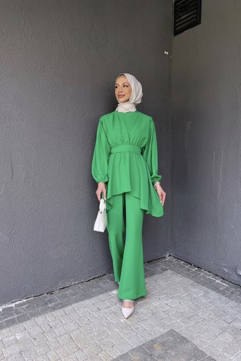 Benetton Yeşili Beli Sıkmalı Pantolonlu Takım