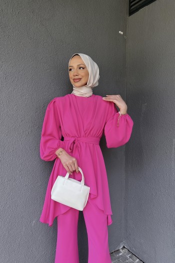 Fuşya Beli Sıkmalı Pantolonlu Takım