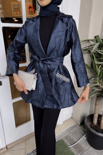 Lacivert Luiza Taş Detaylı Jakar Ceket