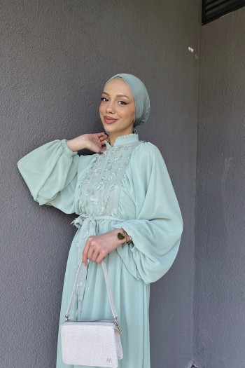 Mint Hiva Kumaş Detaylı Şifon Elbise